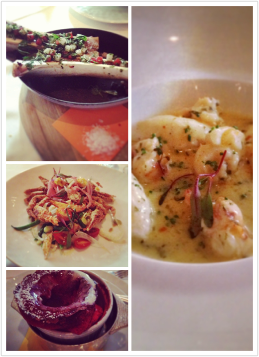 Clockwise from left: Bone Marrow, Gnocchi, Red velvet Souffle, and Soft Shell Crab