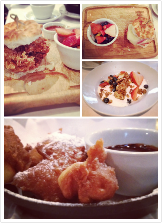 Clockwise from top left: Fried Chicken biscuit; ham biscuit; yogurt and granola; beignets